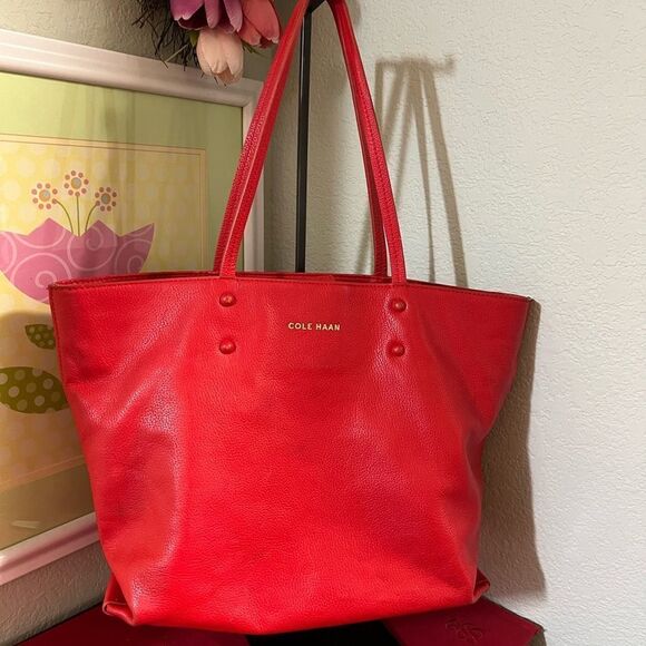 EUC Cole Haan Red Leather Hannah Tote Bag Blue Lining - Picture 1 of 10